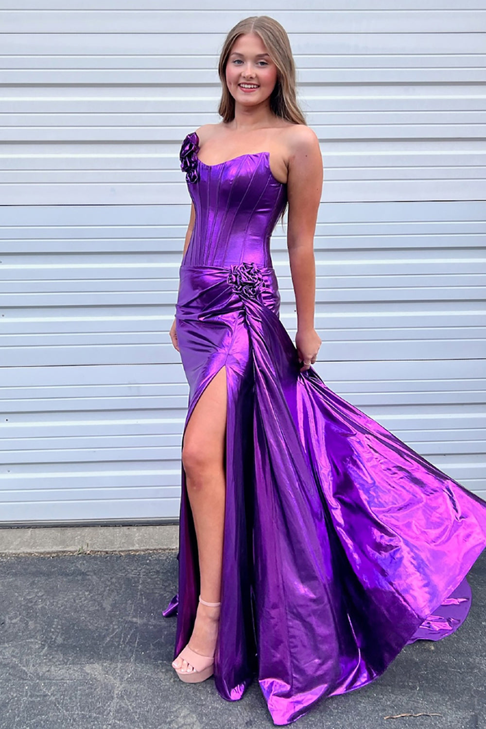 Purple Mermaid Strapless Long Floral Prom Dress with Slit