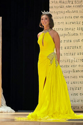Sparkly Yellow Halter Neck Beaded Long Mermaid Prom Dress with Bow