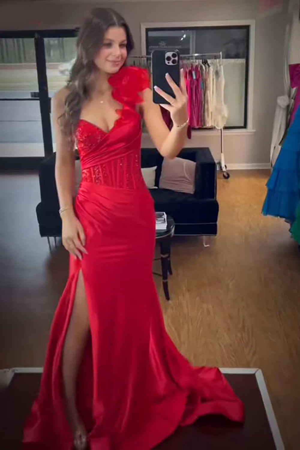 Sparkly Red One Shoulder Mermaid Corset Long Prom Dress with Slit