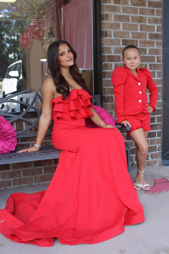Red Mermaid Strapless Long Prom Dress with Ruffles