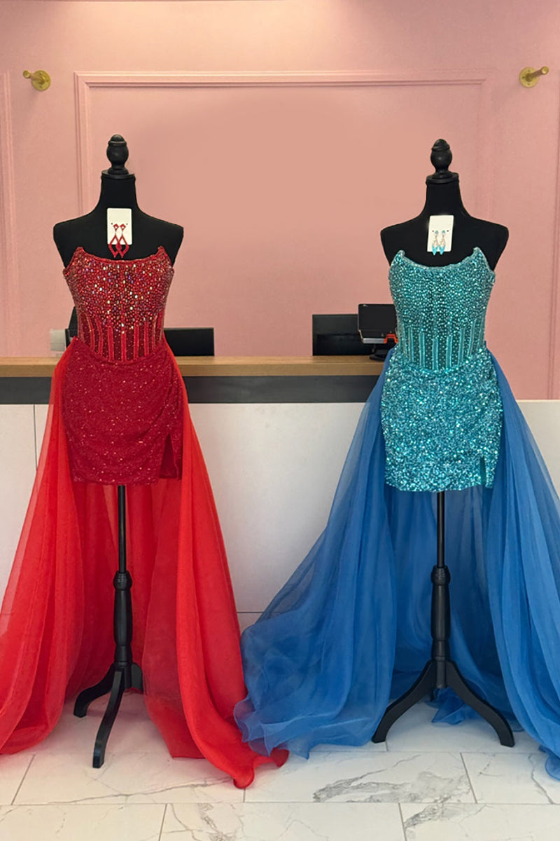 Load image into Gallery viewer, Sparkly Red Sequin Strapless Corset Short Prom Dress with Detachable Cape
