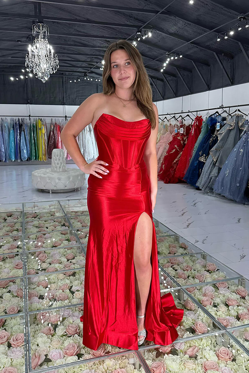 Red Satin Strapless Long Mermaid Corset Prom Dress with Slit
