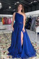 Load image into Gallery viewer, Sparkly Navy Chiffon Beaded One Shoulder Long Prom Dress with Slit