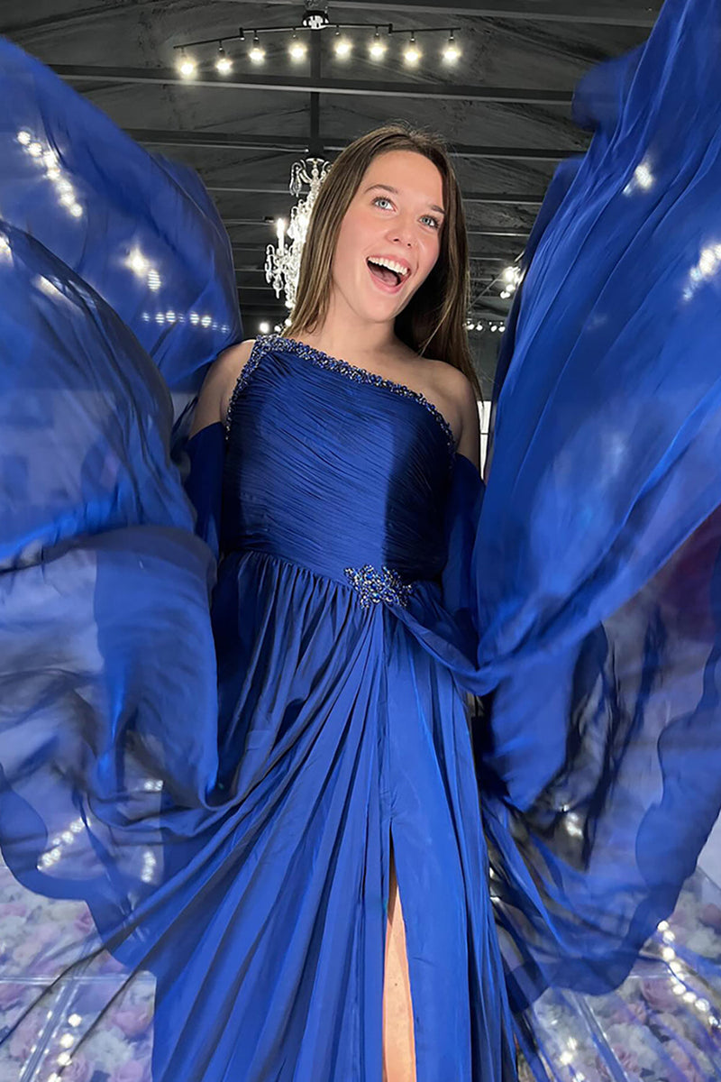 Load image into Gallery viewer, Sparkly Navy Chiffon Beaded One Shoulder Long Prom Dress with Slit