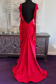 Red Spaghetti Straps Long Mermaid Prom Dress with Ruffles