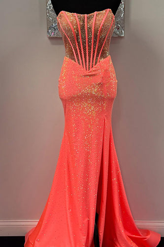 Sparkly Orange Strapless Sequin Long Corset Prom Dress with Slit
