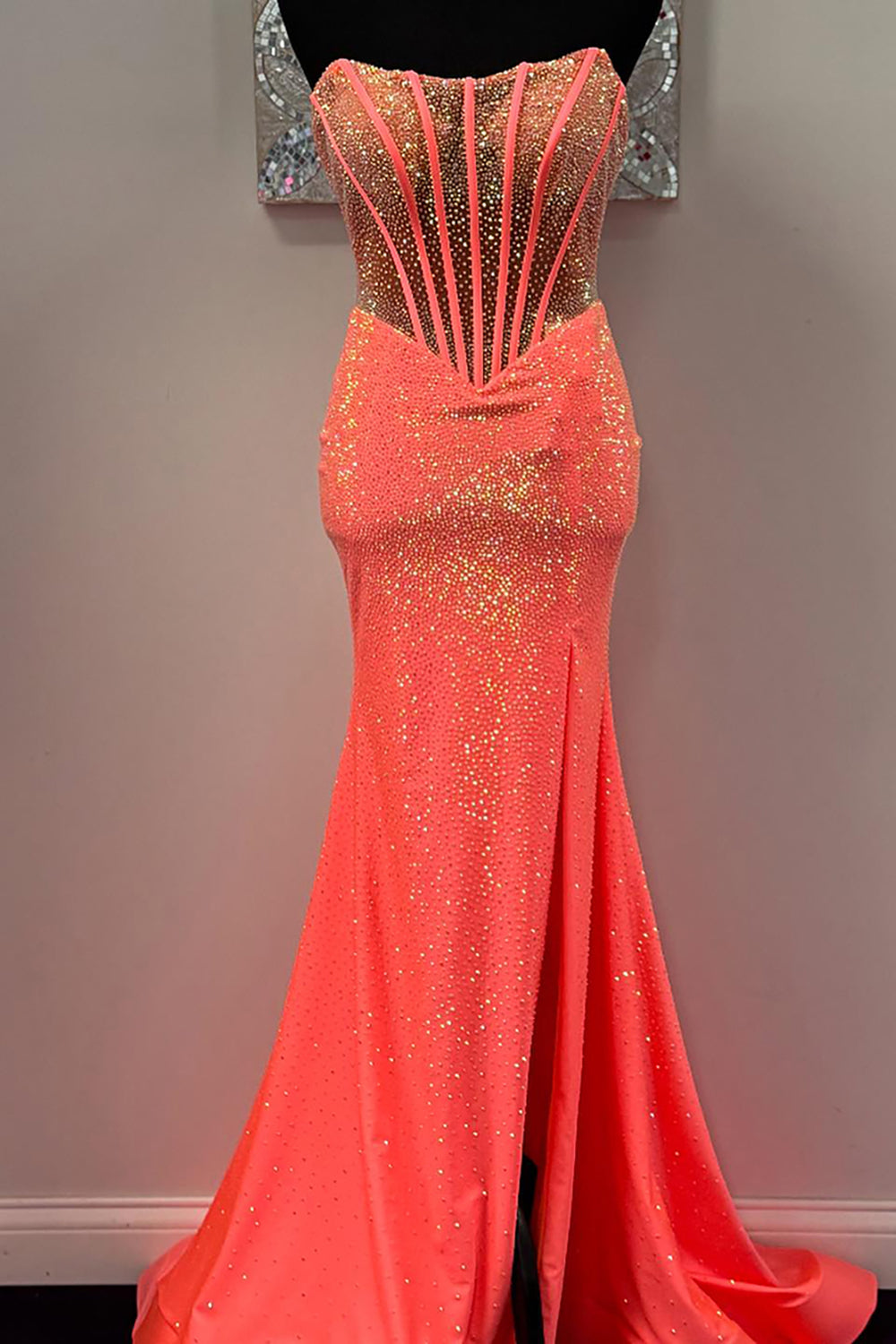 Sparkly Orange Strapless Sequin Long Corset Prom Dress with Slit