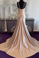 Load image into Gallery viewer, Sparkly Satin Champagne Mermaid Corset Long Prom Dress with Beadings