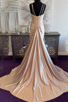Sparkly Satin Champagne Mermaid Corset Long Prom Dress with Beadings