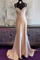 Load image into Gallery viewer, Sparkly Satin Champagne Mermaid Corset Long Prom Dress with Beadings