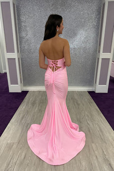 Pink Satin Backless Mermaid Long Prom Dress with Keyhole