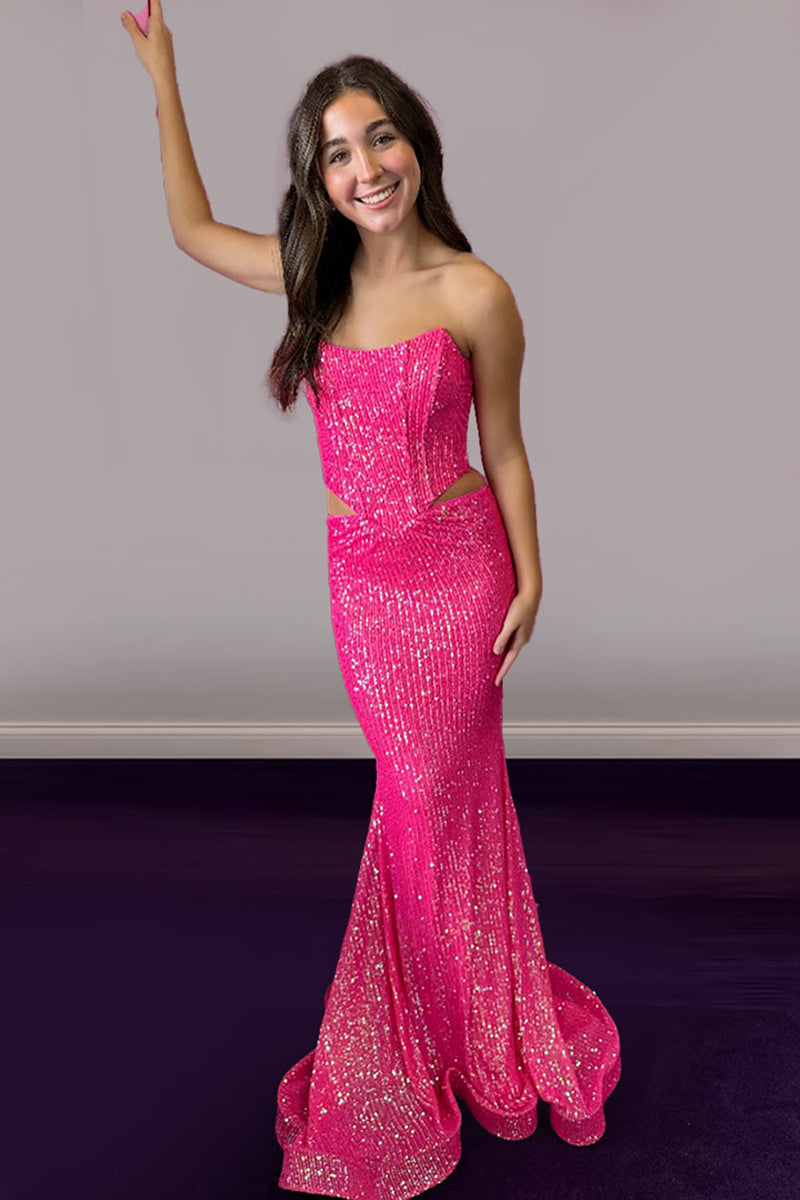 Load image into Gallery viewer, Sparkly Fuchsia Sequin Mermaid Cut Out Long Prom Dress