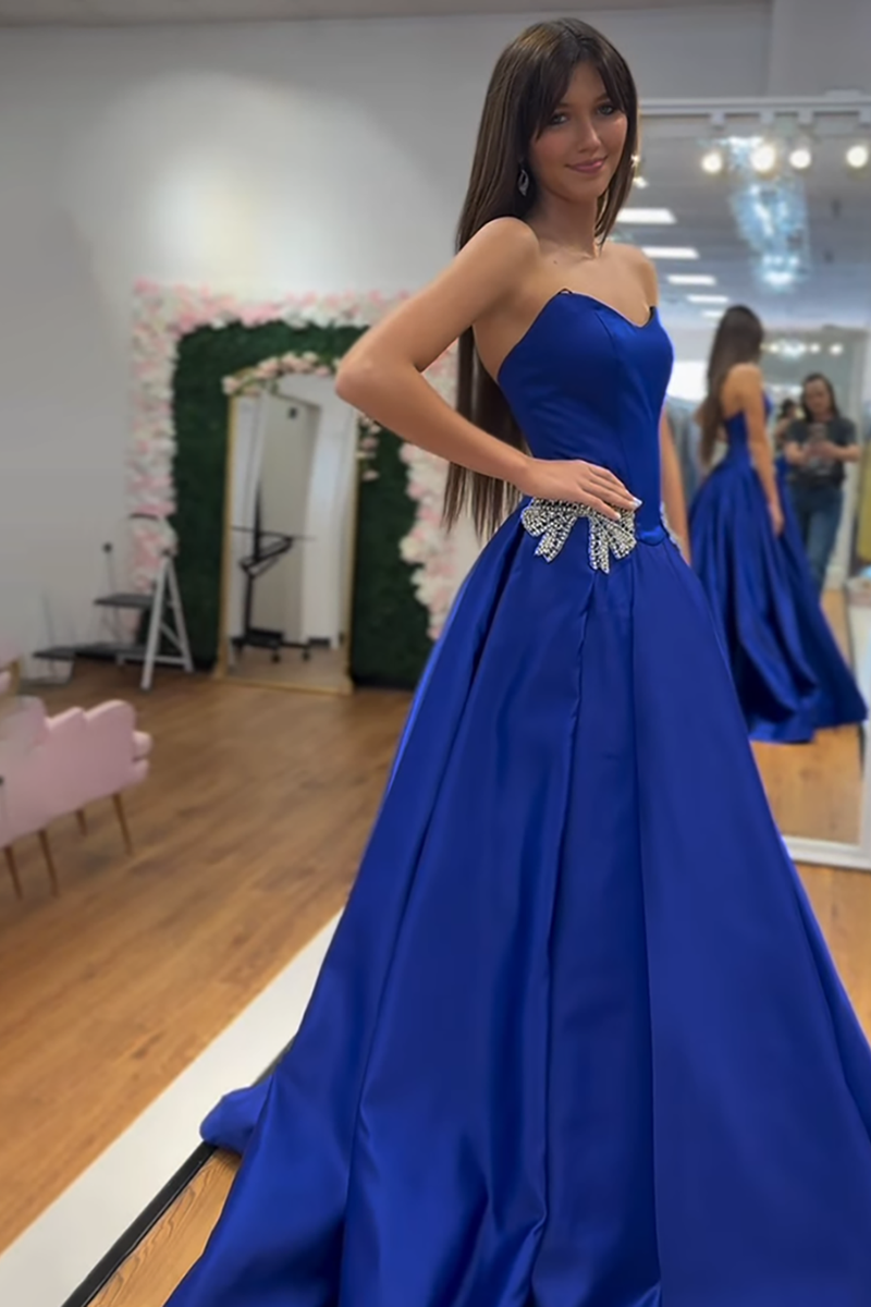 Load image into Gallery viewer, Sparkly Royal Blue Satin Beaded Strapless Long Prom Dress with Bow