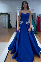Load image into Gallery viewer, Sparkly Royal Blue Satin Beaded Strapless Long Prom Dress with Bow