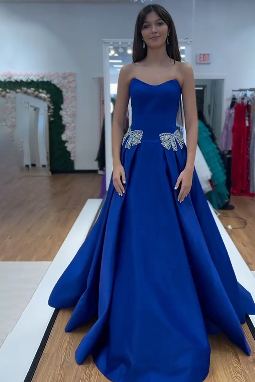 Sparkly Royal Blue Satin Beaded Strapless Long Prom Dress with Bow