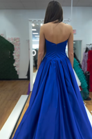 Load image into Gallery viewer, Sparkly Royal Blue Satin Beaded Strapless Long Prom Dress with Bow
