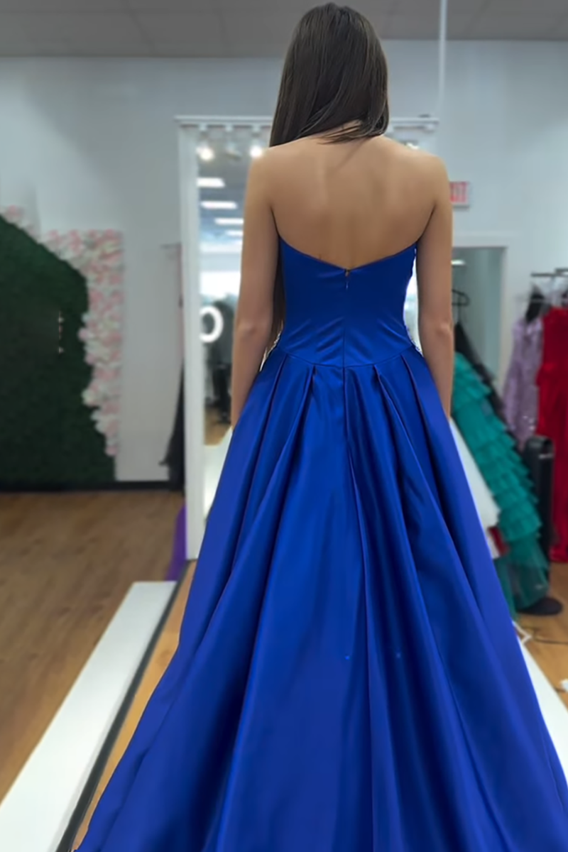 Load image into Gallery viewer, Sparkly Royal Blue Satin Beaded Strapless Long Prom Dress with Bow