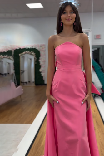 Pink Satin Mermaid Strapless Long Prom Dress with Bow