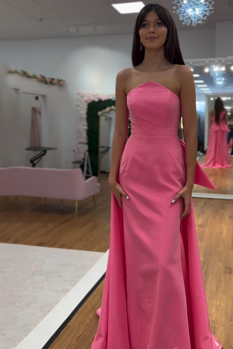Load image into Gallery viewer, Pink Satin Mermaid Strapless Long Prom Dress with Bow
