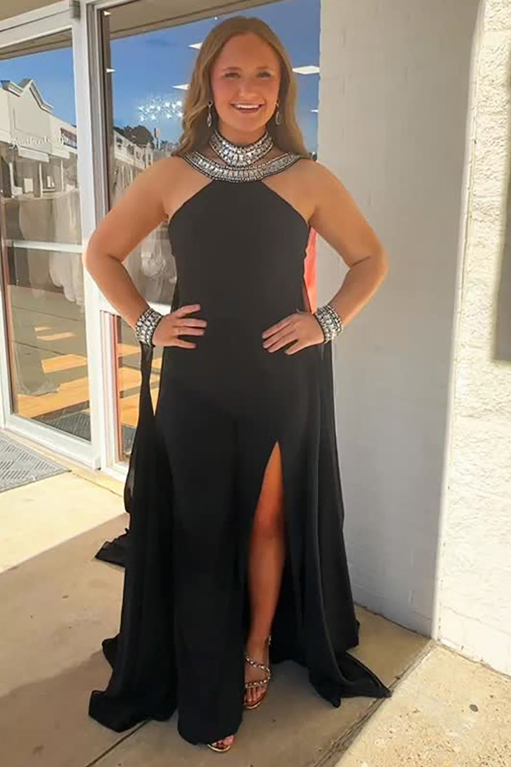 Sparkly Black Halter Sheath Jumpsuit with Cape