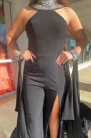 Load image into Gallery viewer, Sparkly Black Halter Sheath Jumpsuit with Cape