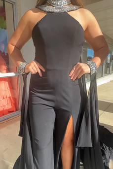 Sparkly Black Halter Sheath Jumpsuit with Cape