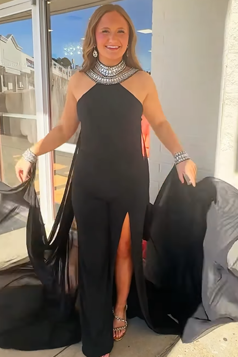 Load image into Gallery viewer, Sparkly Black Halter Sheath Jumpsuit with Cape