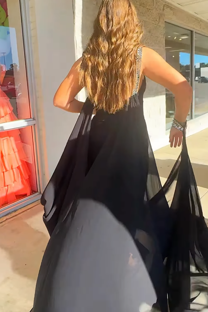 Load image into Gallery viewer, Sparkly Black Halter Sheath Jumpsuit with Cape