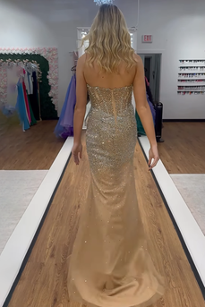 Sparkly Gold Sequin Sweetheart Corset Long Prom Dress with Slit