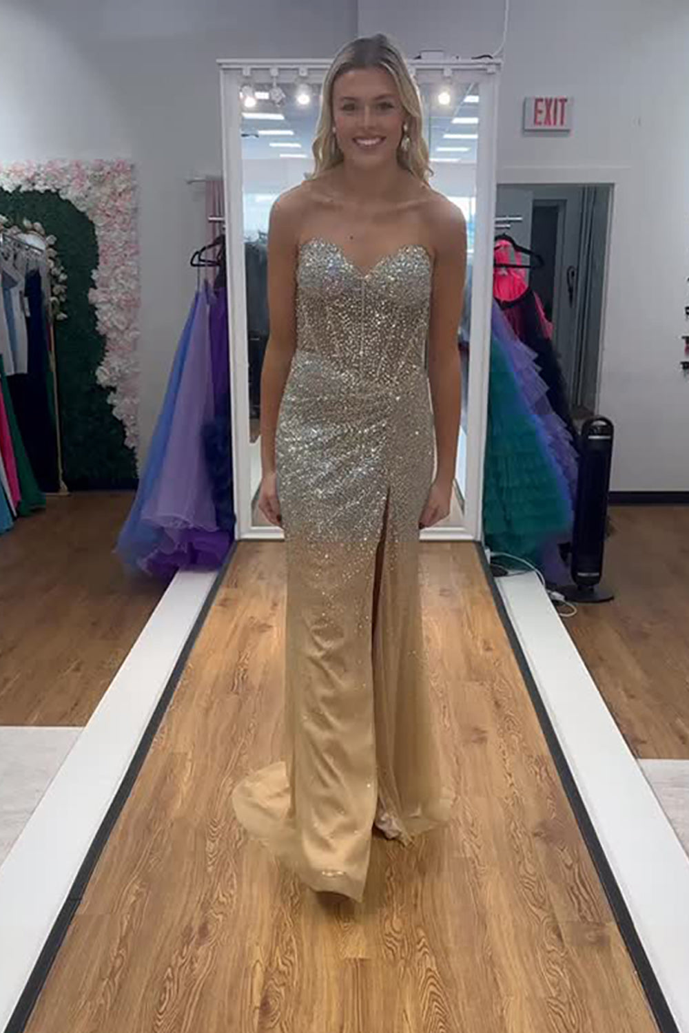 Sparkly Gold Sequin Sweetheart Corset Long Prom Dress with Slit