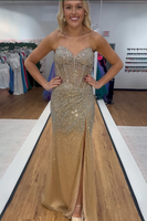 Load image into Gallery viewer, Sparkly Gold Sequin Sweetheart Corset Long Prom Dress with Slit
