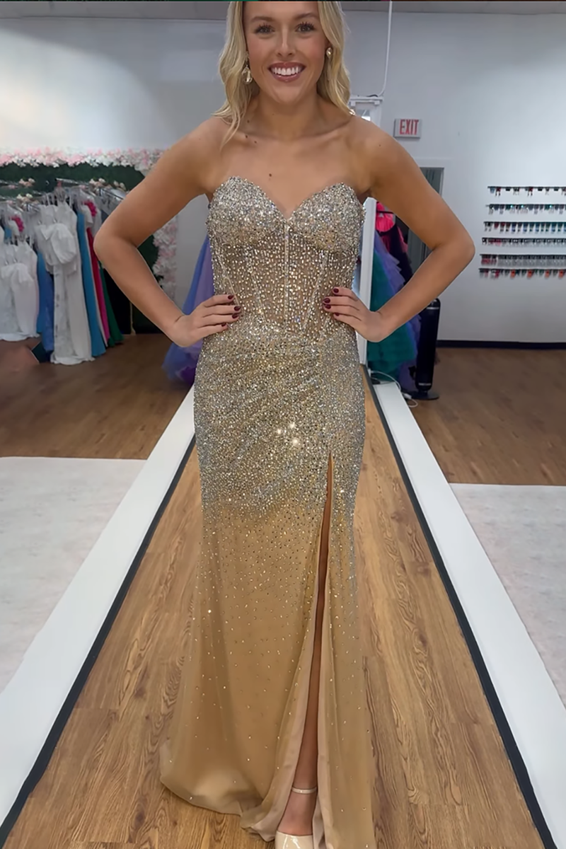 Load image into Gallery viewer, Sparkly Gold Sequin Sweetheart Corset Long Prom Dress with Slit