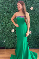 Load image into Gallery viewer, Sparkly Green Strapless mermaid Long Satin Prom Dress