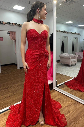 Sparkly Red Corset Long Mermaid Sweetheart Prom Dress with 3D Flowers