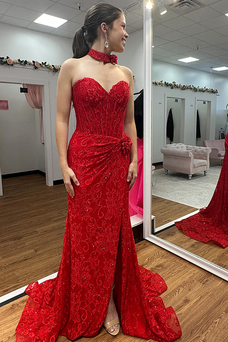 Load image into Gallery viewer, Sparkly Red Corset Long Mermaid Sweetheart Prom Dress with 3D Flowers