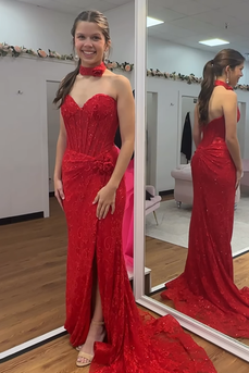 Sparkly Red Corset Long Mermaid Sweetheart Prom Dress with 3D Flowers
