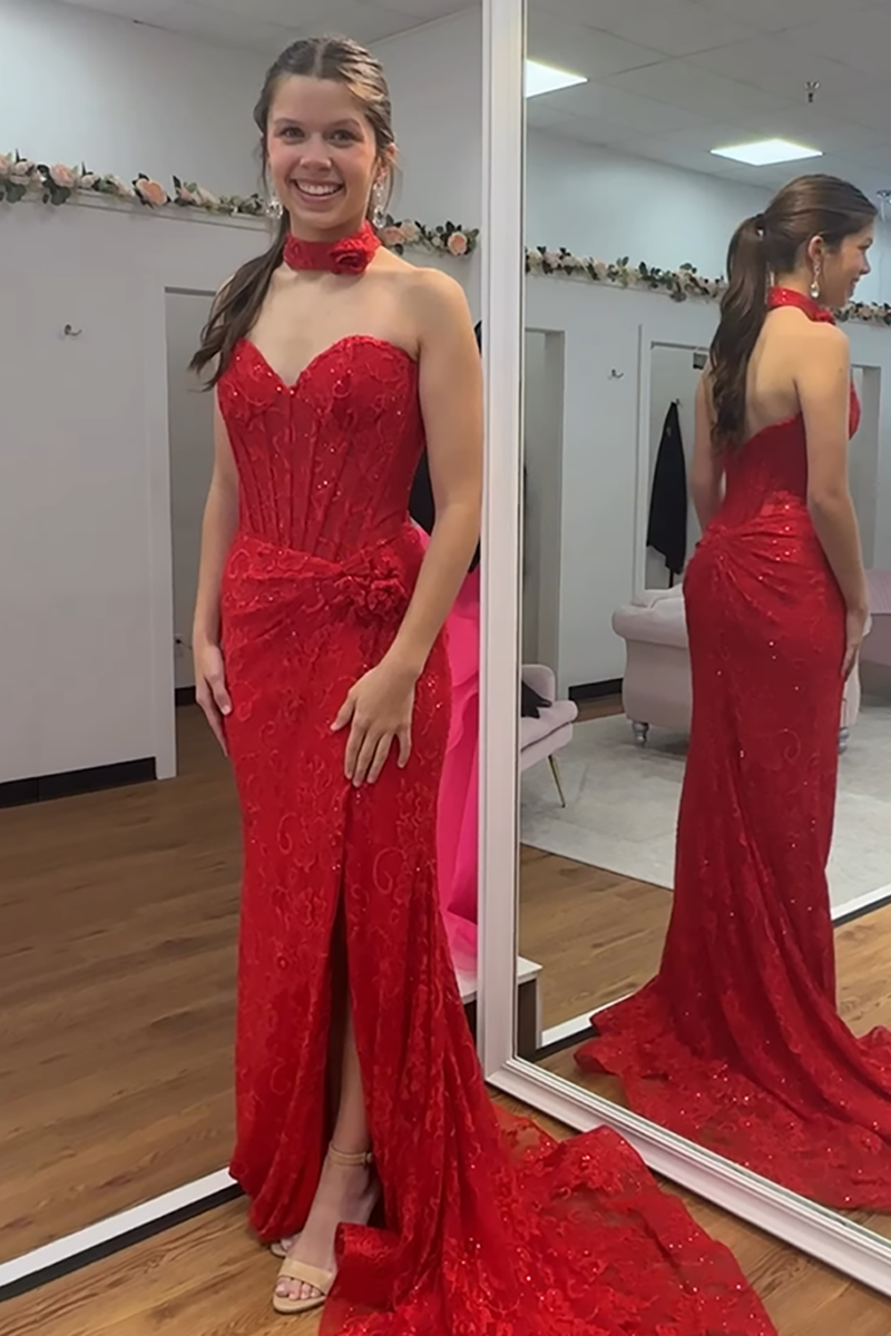 Load image into Gallery viewer, Sparkly Red Corset Long Mermaid Sweetheart Prom Dress with 3D Flowers