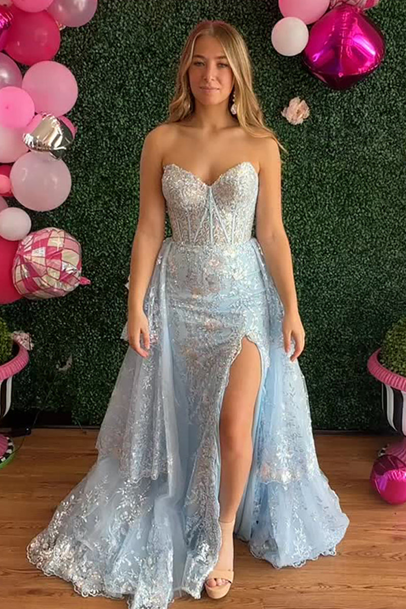 Load image into Gallery viewer, Sparkly Light Blue Mermaid Sweetheart Long Corset Prom Dress with Cape