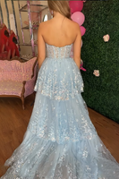 Load image into Gallery viewer, Sparkly Light Blue Mermaid Sweetheart Long Corset Prom Dress with Cape