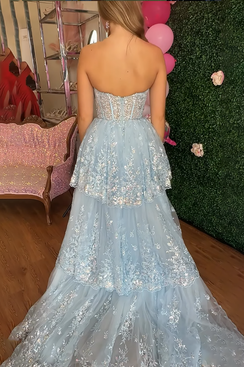 Load image into Gallery viewer, Sparkly Light Blue Mermaid Sweetheart Long Corset Prom Dress with Cape