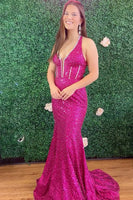 Load image into Gallery viewer, Sparkly Fuchsia Sequin Mermaid V Neck Long Corset Prom Dress