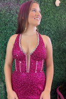 Load image into Gallery viewer, Sparkly Fuchsia Sequin Mermaid V Neck Long Corset Prom Dress