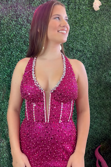 Sparkly Fuchsia Sequin Mermaid V Neck Long Corset Prom Dress