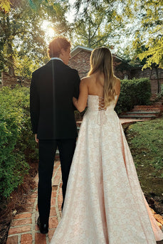 Floral Pink A Line Strapless Long Prom Dress