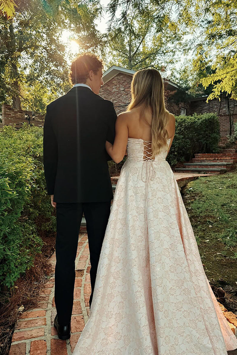 Load image into Gallery viewer, Floral Pink A Line Strapless Long Prom Dress