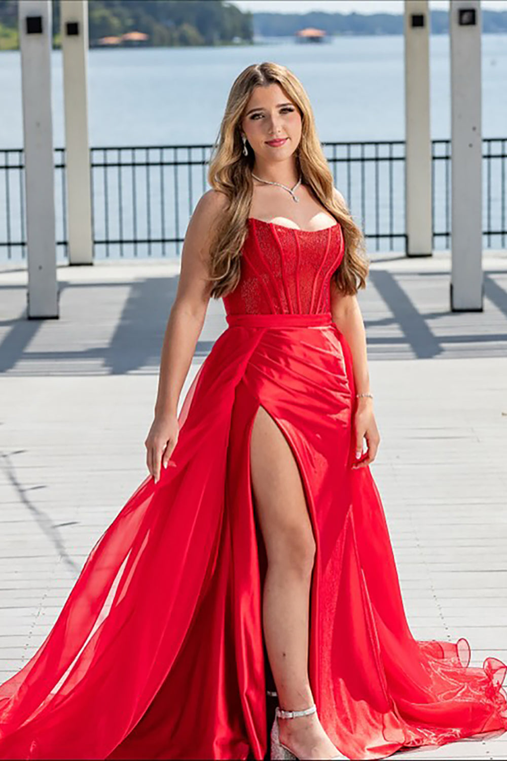 Red Strapless Mermaid Long Corset Prom Dress with Side Cape