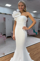 Load image into Gallery viewer, White Satin Mermaid One Shoulder Long Prom Dress with Ruffles