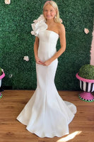 Load image into Gallery viewer, White Satin Mermaid One Shoulder Long Prom Dress with Ruffles