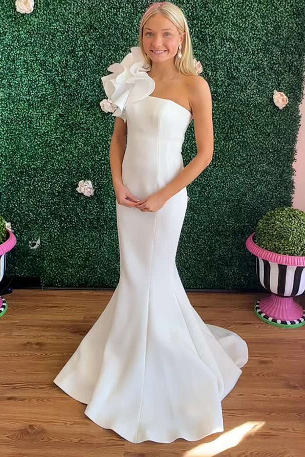 White Satin Mermaid One Shoulder Long Prom Dress with Ruffles