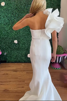Load image into Gallery viewer, White Satin Mermaid One Shoulder Long Prom Dress with Ruffles